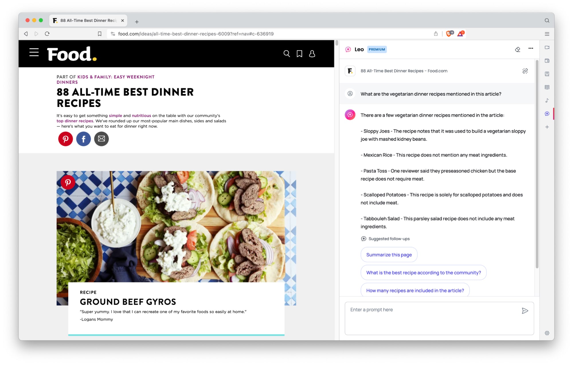 Webページの記事よりベジタリアンディナーの一覧を抽出するBrave Leoのスクリーンショット