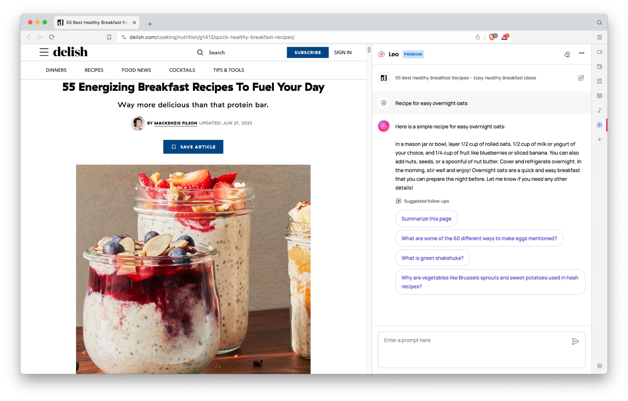 'easy overnight oats'のレシピを特定するLeoのスクリーンショット